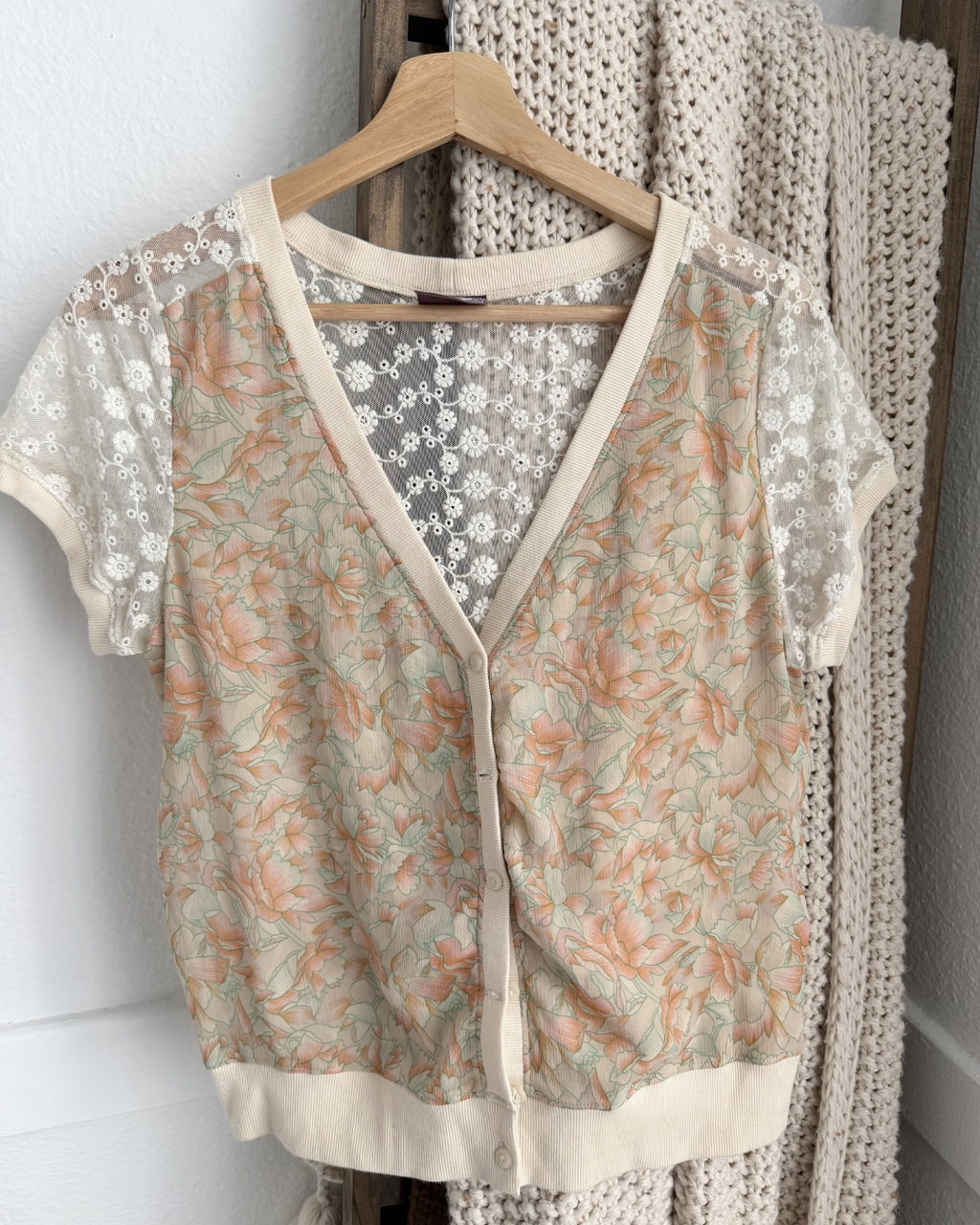 Free People Short Sleeve Floral Lace Blouse - Size M
