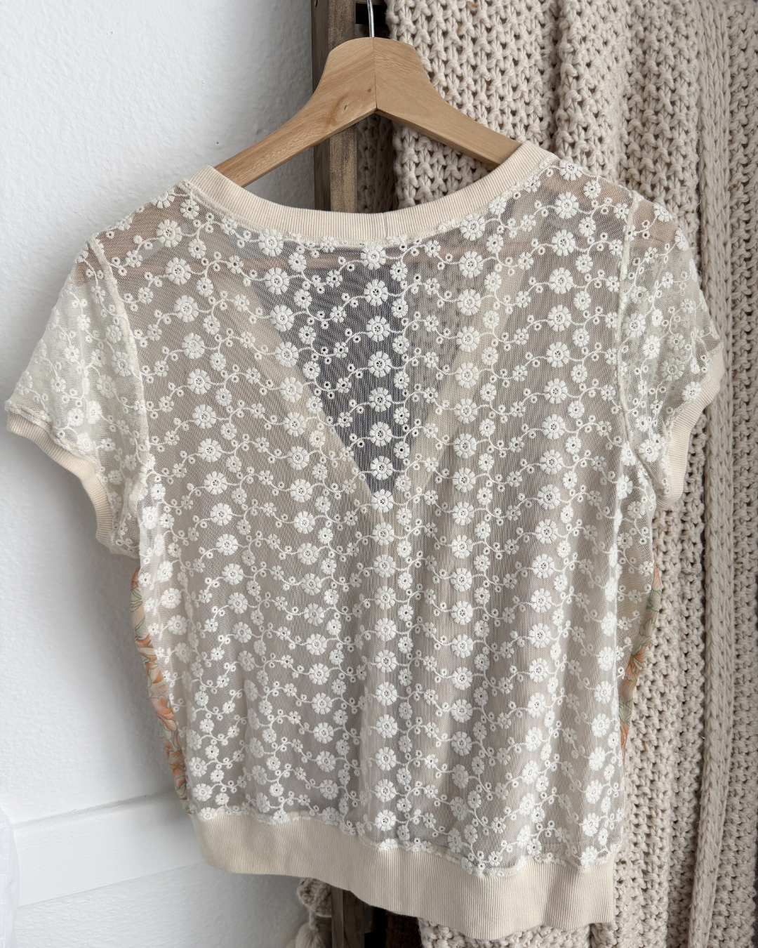 Free People Short Sleeve Floral Lace Blouse - Size M