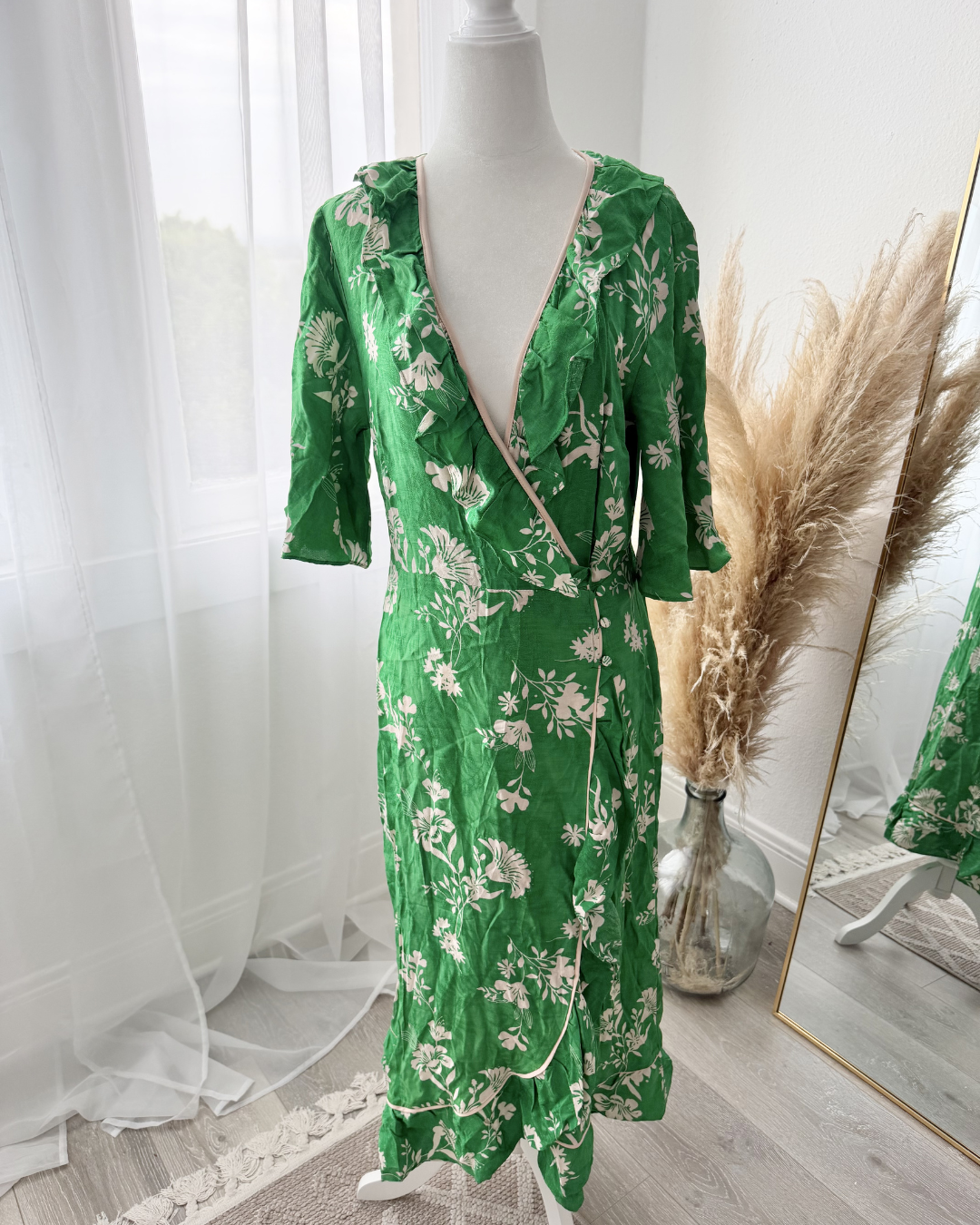 Topshop Green Floral Wrap Dress - Size 8