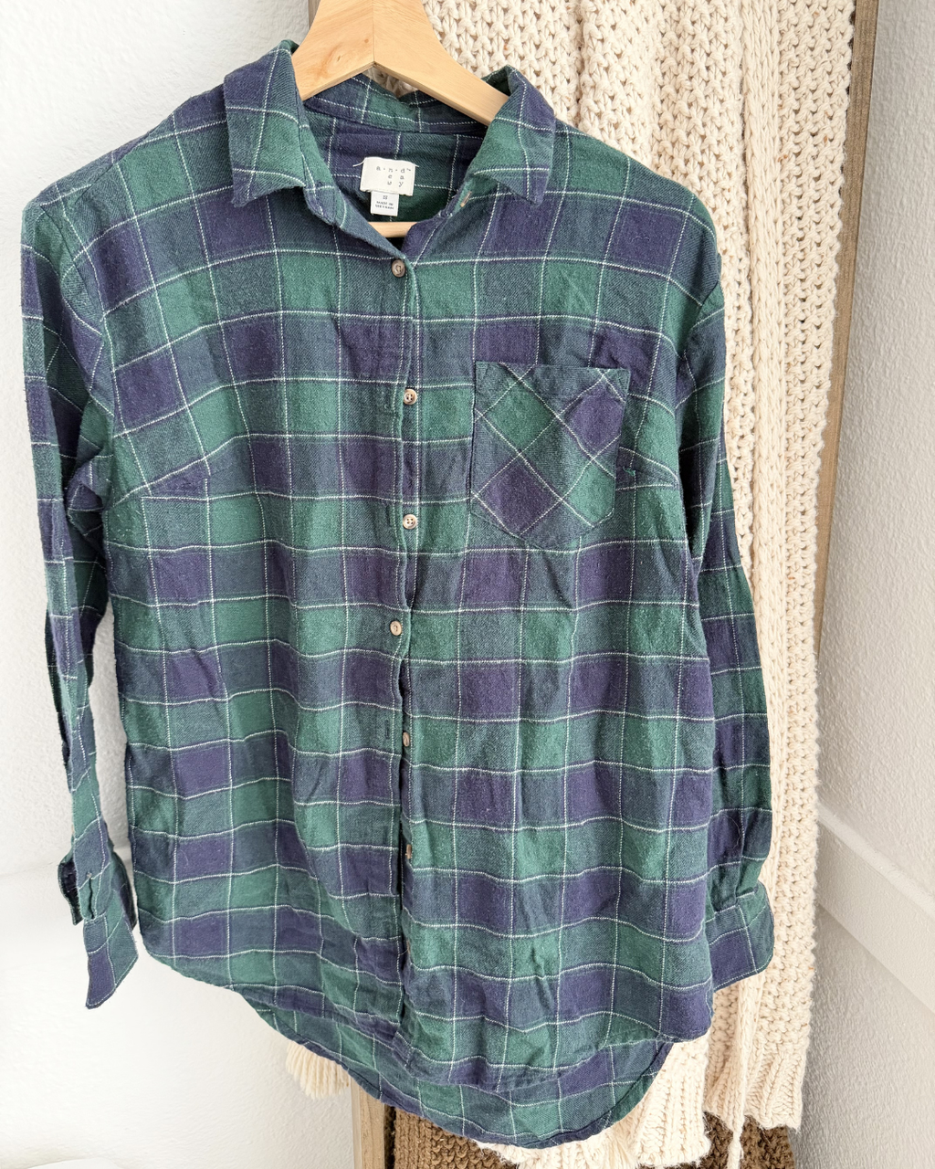 Green and Navy Plaid Long Sleeve Shirt - Size S