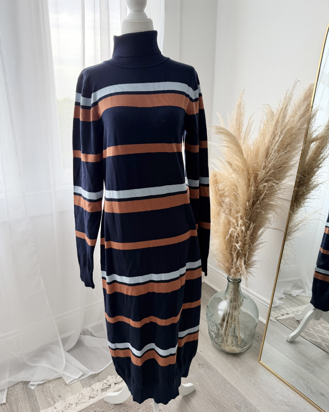 Navy Striped Knit Midi Dress - Size L
